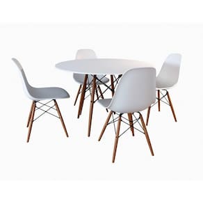 Conjunto de Mesa de Jantar Eames Eiffel Redonda 90cm Tampo de Madeira Branco com 4 Cadeiras Brancas
