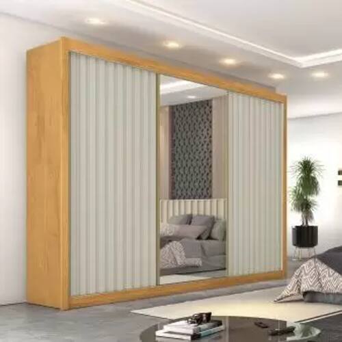 imagem-Guarda Roupa Casal com 3 Portas de Correr e Espelho Central - Ravena-Peroba/Off White - Móveis Europa - Marrom