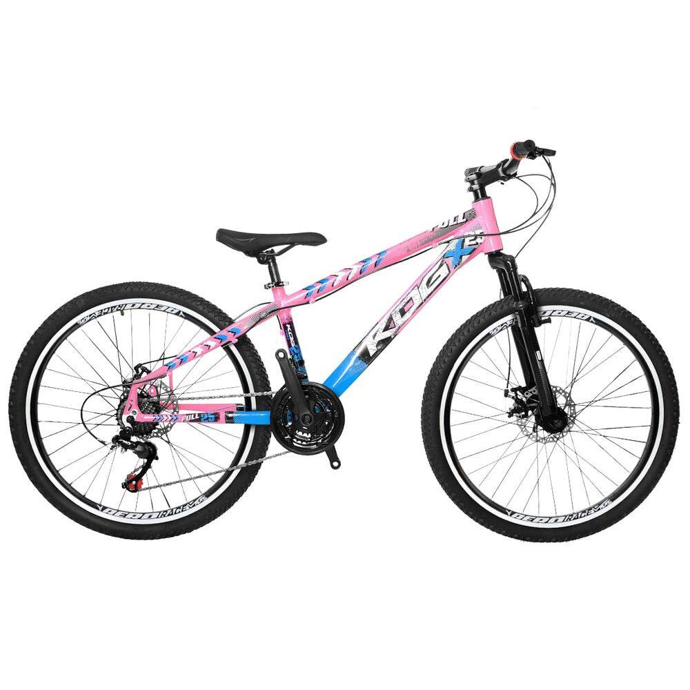 Bicicleta Freeride Aro 26 Flay KOG 18v Freio a Disco Suspensão Dianteira Rosa Azul