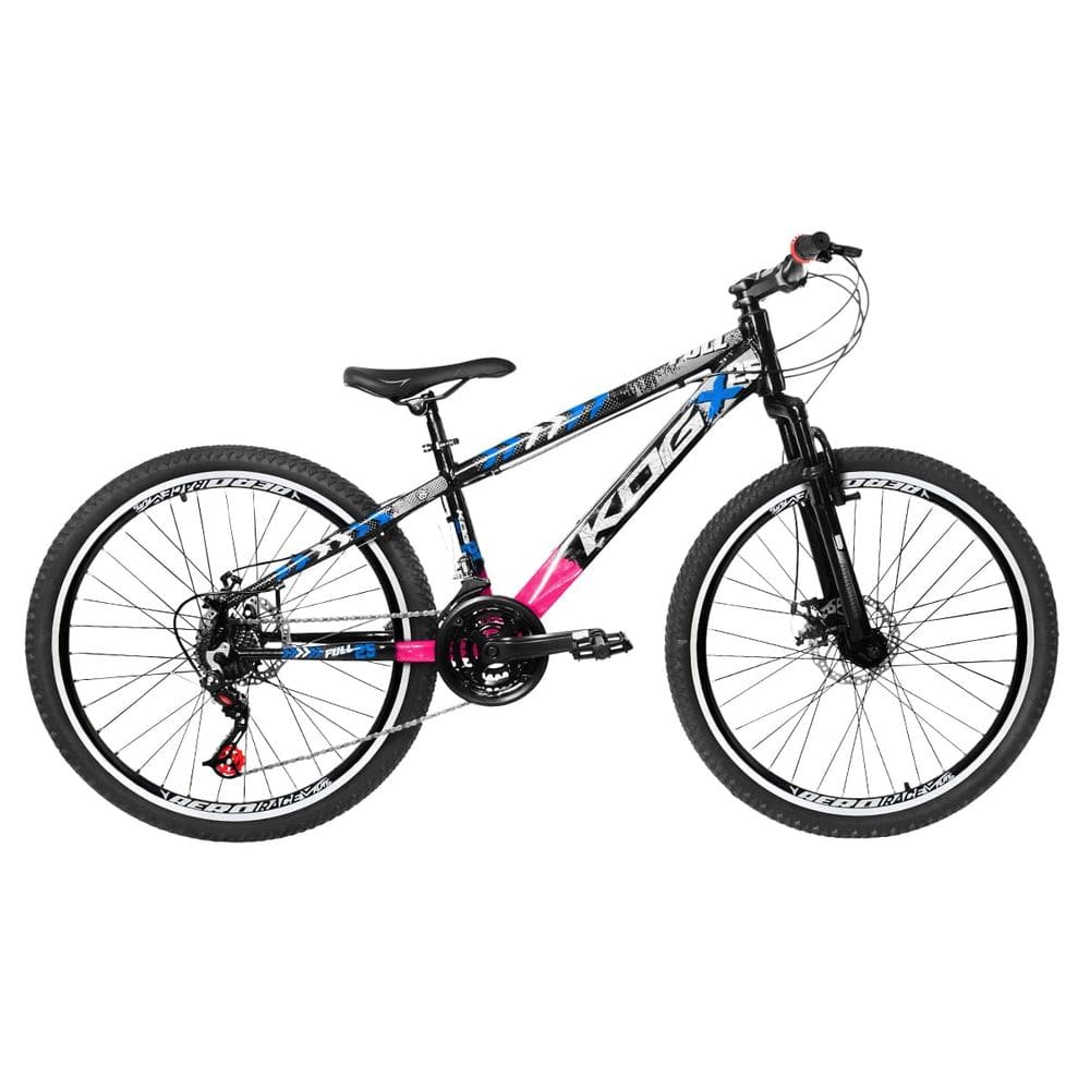 Bicicleta Freeride Aro 26 Flay KOG 18v Freio a Disco Suspensão Dianteira Preto Rosa Azul