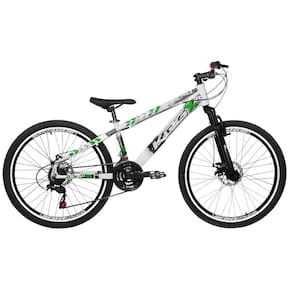 Bicicleta Freeride Aro 26 Flay KOG 18v Freio a Disco Suspensão Dianteira Branco Verde