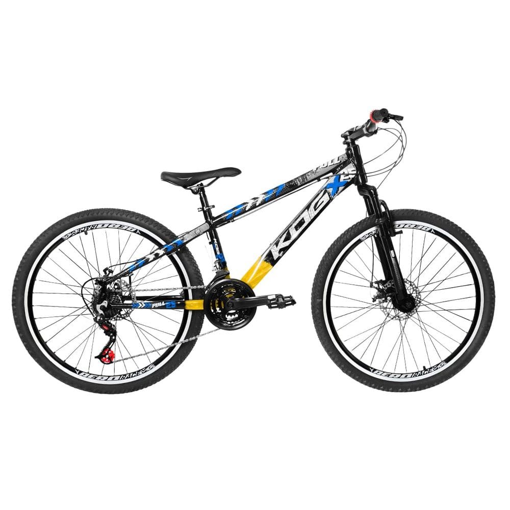 Bicicleta Freeride Aro 26 Flay KOG 18v Freio a Disco Suspensão Dianteira Preto Amarelo Azul