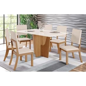 Sala de Jantar Completa Vértice Tampo Madeirado c/ Vidro 160x80cm e 6 Cadeiras Milla Nature/Veludo Light Linho - Henn
