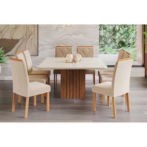 Sala de Jantar Completa Ana c/ Tampo Madeirado c/ Vidro 130x130cm e 8 Cadeiras Fernanda Savana-Nature-Madeirado/Off White - Suede Nude Be - Cimol