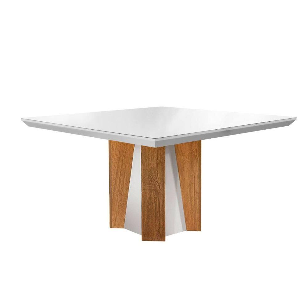 Mesa de Sala Jantar Valença c/ Tampo 135cm Madeirado Vidro Canto Reto - Imbuia/Off White - Rufato