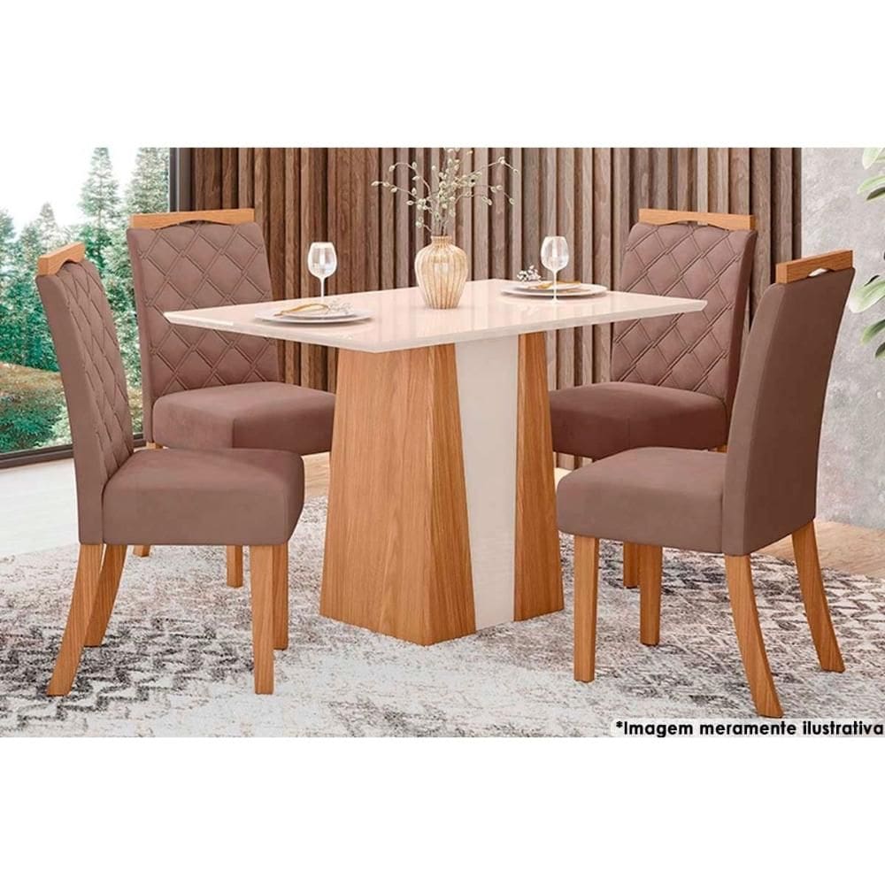Sala de Jantar Completa Orus c/ Tampo Madeirado 120x80cm e 4 Cadeiras Bella Nature/Off White - Suede Marrom - Henn
