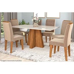 Sala de Jantar Completa Patricia c/ Tampo Madeirado c/ Vidro Canto Reto 160x80cm e 6 Cadeiras Taís Savana/Nature-Suede Pluma/Joli Capuccino - Cimol
