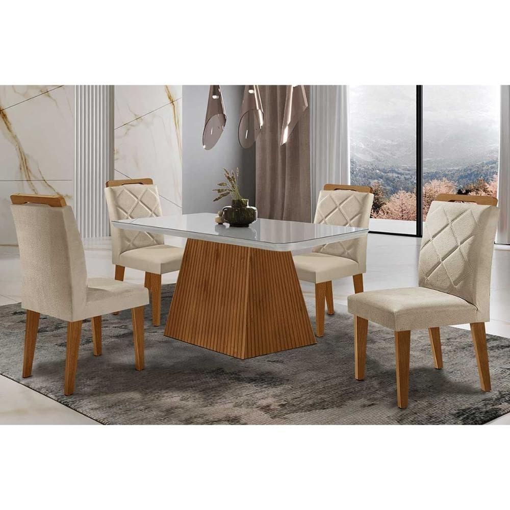 Sala de Jantar Completa Luna Tampo Madeirado c/ Vidro Curvo 120x80 e 4 Cadeiras Melissa Imbuia - Veludo Creme - Rufato