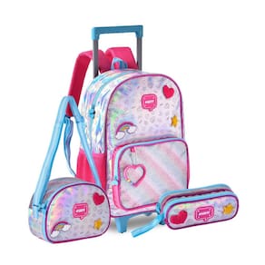 Kit Mochila De Rodinhas Happy Holográfico Lancheira Estojo