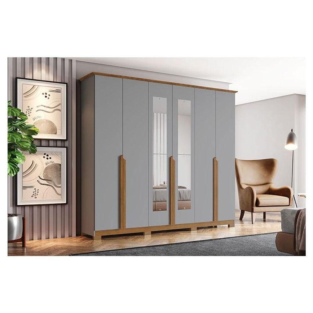 Guarda Roupa Casal Ambiente Andréas 6 Portas Cinza Nature Com Espelho - Henn