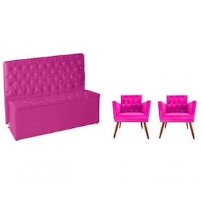 Kit Quarto De Boneca Cabeceira De Cama E Calçadeira Baú E Poltronas Botão De Strass Suede Pink