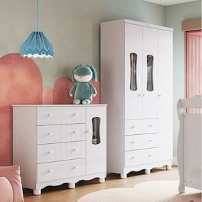 Quarto Infantil com Guarda Roupas 3 Portas e Cômoda com Janelas 100% MDF Lana Espresso Móveis Branco Brilho