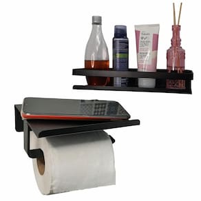 Kit Porta Papel Higiênico E Prateleira Banheiro Preto Fosco