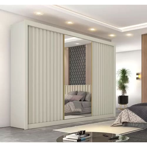 imagem-Guarda Roupa Casal com 3 Portas de Correr e Espelho Central - Ravena-Off White - Móveis Europa