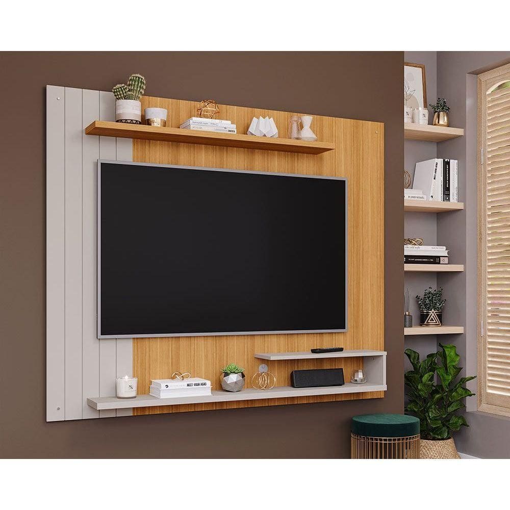Painel Home p/ TV até 50 Pol Floripa c/ Prateleiras Ripado 161x135cm Nature/Off White - Permóbili