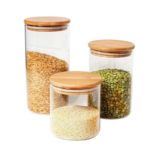 Kit 3 Potes Herméticos Vidro Borossilicato Redondo Tampa Bambu 1,5L, 1,1L e 800ml - Lehaví
