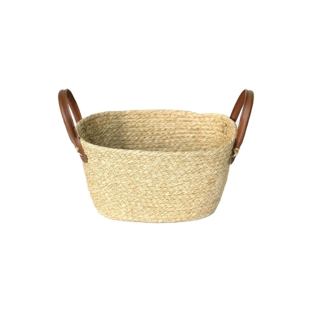 Cesto Fibra Natural Palha Trançada Bege Com Alça Marrom Couro Sintético 25cm x 16cm - Paramount