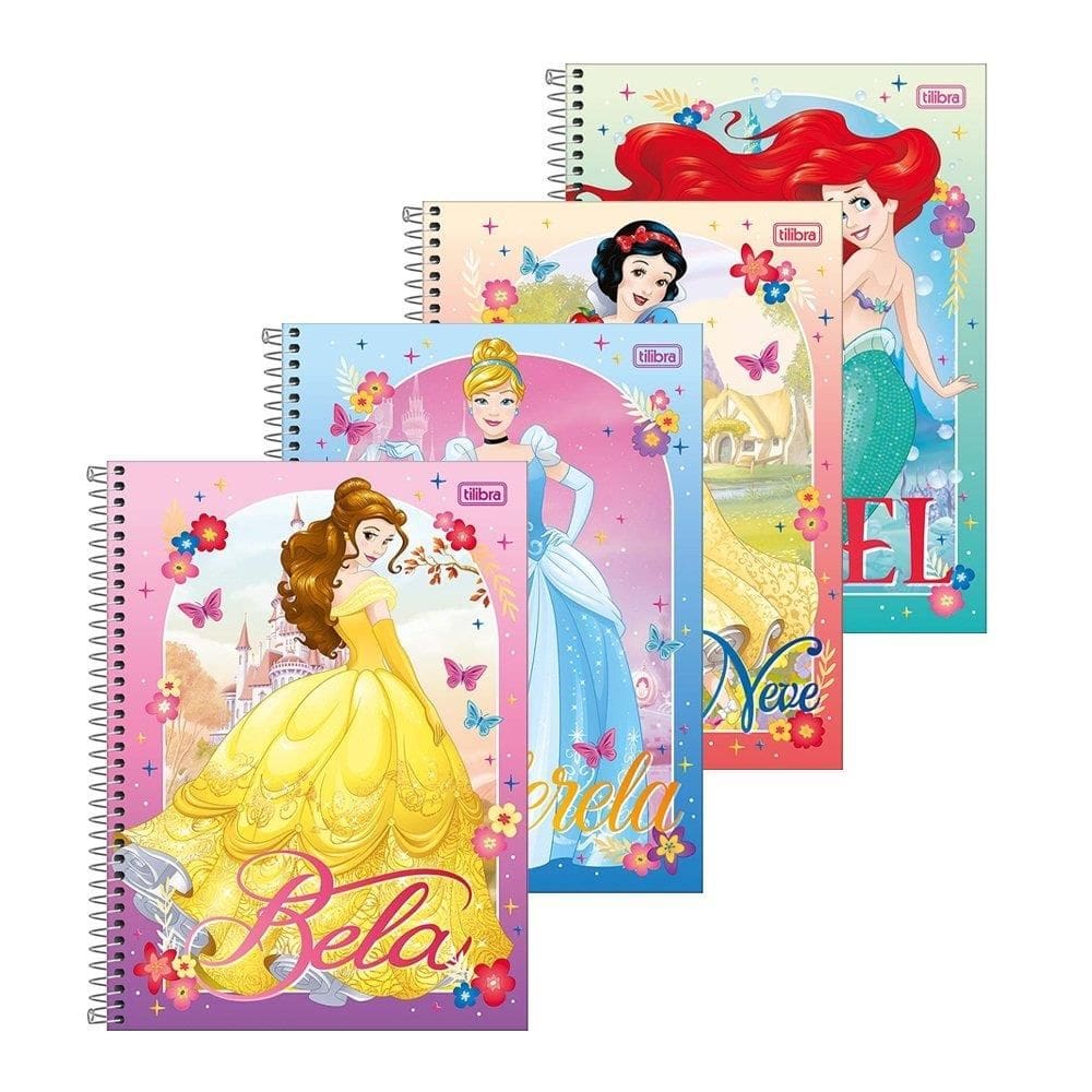 Caderno Espiral Universitário Tilibra Princesas Fit Capa Dura| 10 Matérias 160 Folhas - Embalagem com 4 Unidades