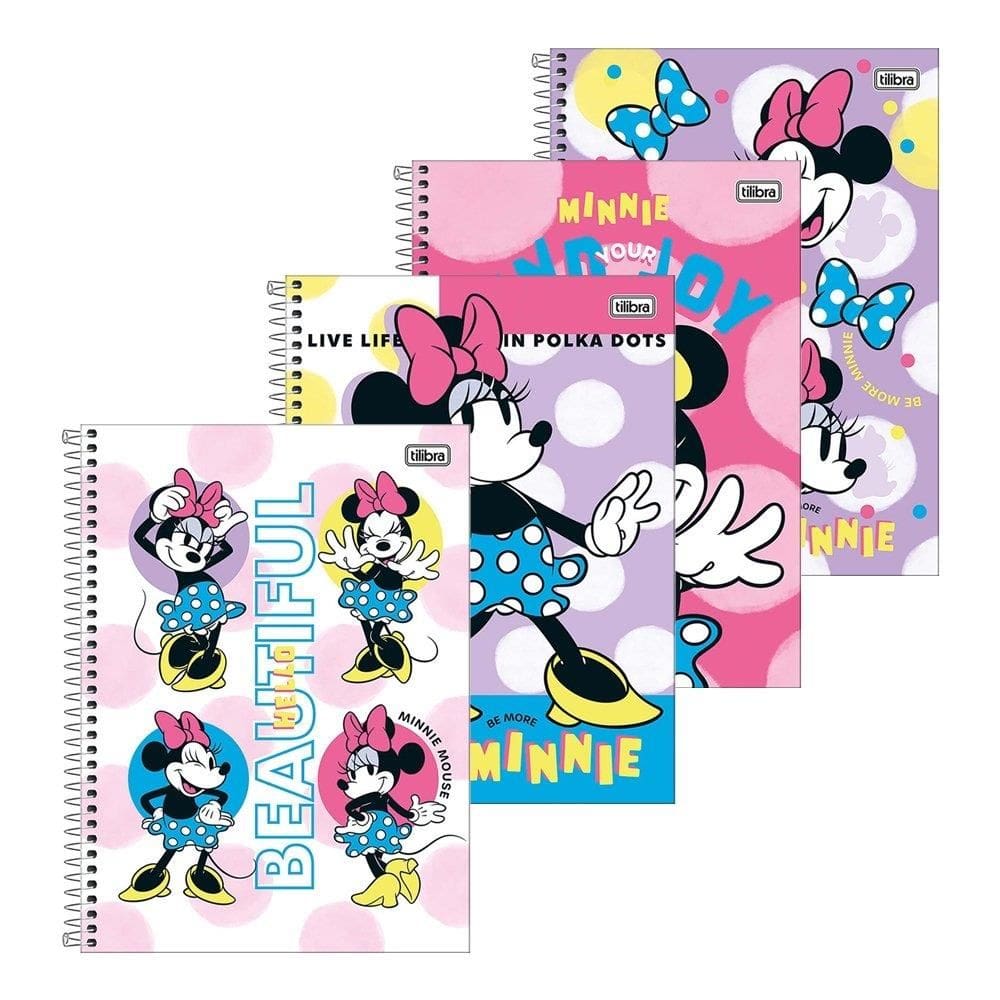 Caderno Espiral Universitário Tilibra Minnie Capa Dura| 10 Matérias 160 Folhas - Embalagem com 4 Unidades