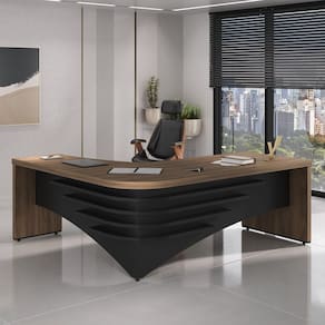 Mesa Diretor para Escritório em L em Tamburato 5 Cm Ld Nogal/Preto
