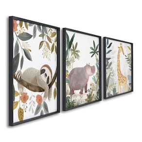 Quadro Infantil Decorativo Diversão na Selva com 3 Telas Cm de Parede para Quarto Sala Brinquedoteca Preto