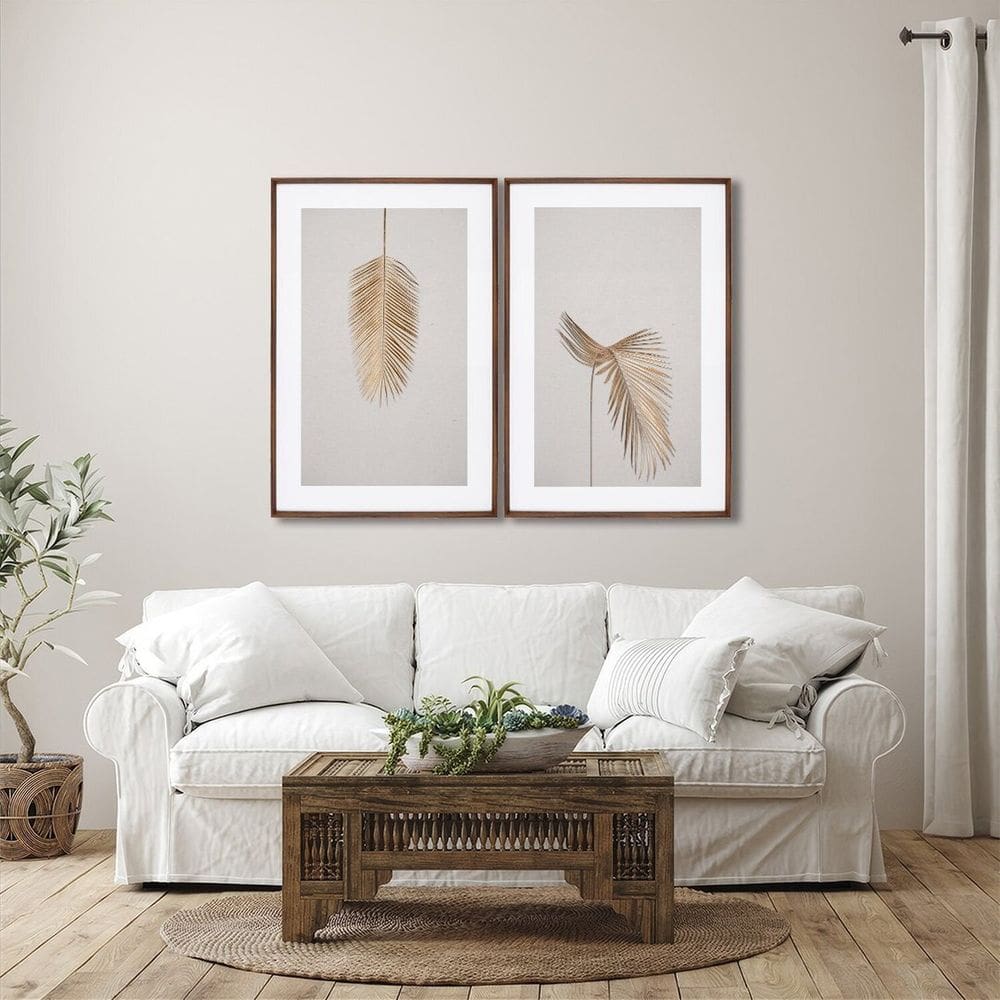 Quadro Decorativo Modelo Pena Dourada com 2 Telas para Sala, Quarto, Escritório 60cm X 90cm Marrom