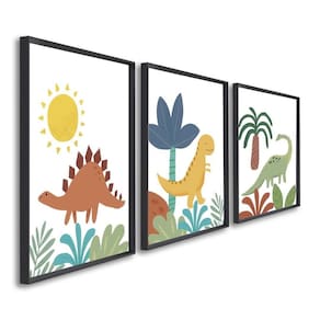Quadro Decorativo Infantil Dinossauros com 3 Telas de Parede para Quarto Sala Brinquedoteca 60cm X 9 Preto