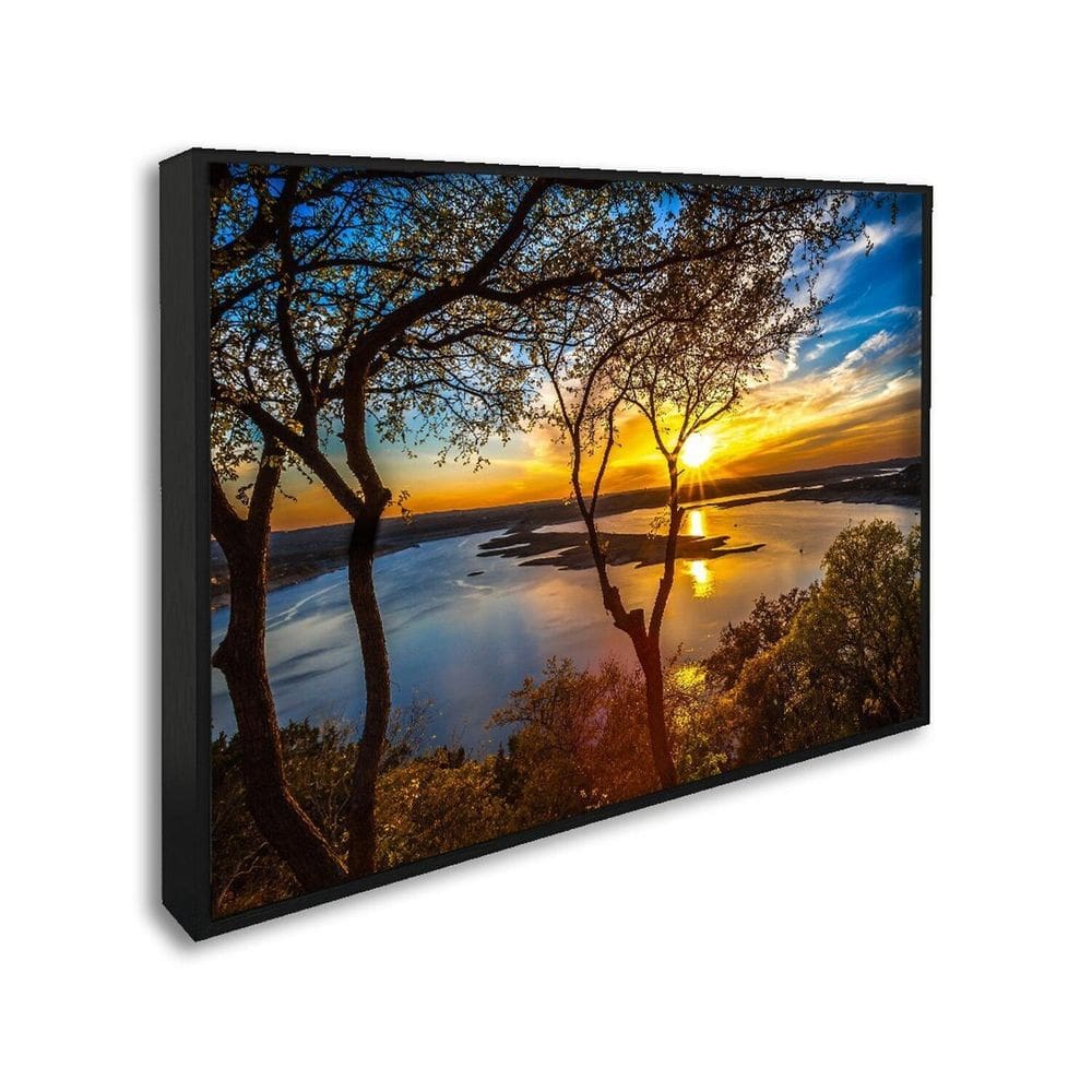 Quadro Decorativo Paisagem Lago com Árvores e Pôr do Sol com 1 Tela Cm ou Cm de Parede para Sala Qua Preto