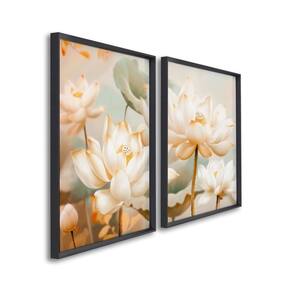 Quadro Decorativo Floral Flor de Lótus com 2 Telas de Parede para Sala Quarto Escritório 60cm X 90cm Preto
