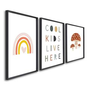 Quadro Decorativo Infantil Crianças Sol e Arco Íris com 3 Telas de Parede para Quarto Sala Brinquedo Preto