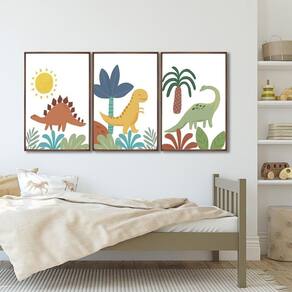 Quadro Decorativo Infantil Dinossauros com 3 Telas de Parede para Quarto Sala Brinquedoteca 60cm X 9 Marrom