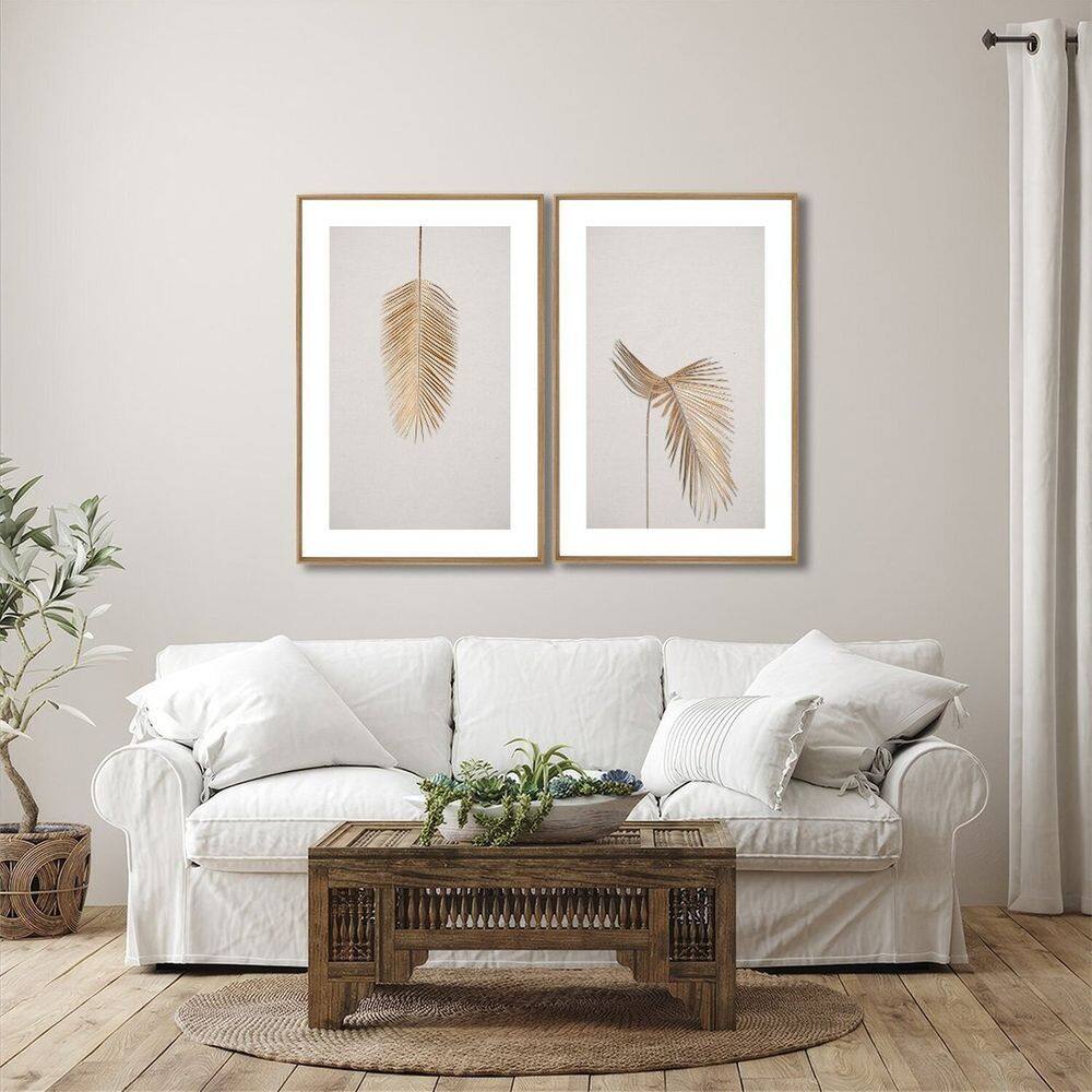 Quadro Decorativo Modelo Pena Dourada com 2 Telas para Sala, Quarto, Escritório 60cm X 90cm Branco