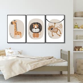 Quadro Decorativo Infantil Animais da Selva com 3 Telas de Parede para Quarto Sala Brinquedoteca 60c Preto