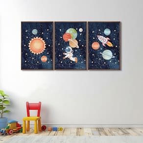Quadro Decorativo Infantil Aventura Espacial com 3 Telas Cm de Parede para Escola Maternidade Brinqu Marrom