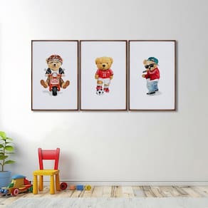 Quadro Decorativo Infantil Ursinhos Estilosos com 3 Telas de Parede para Quarto Sala Brinquedoteca 6 Marrom