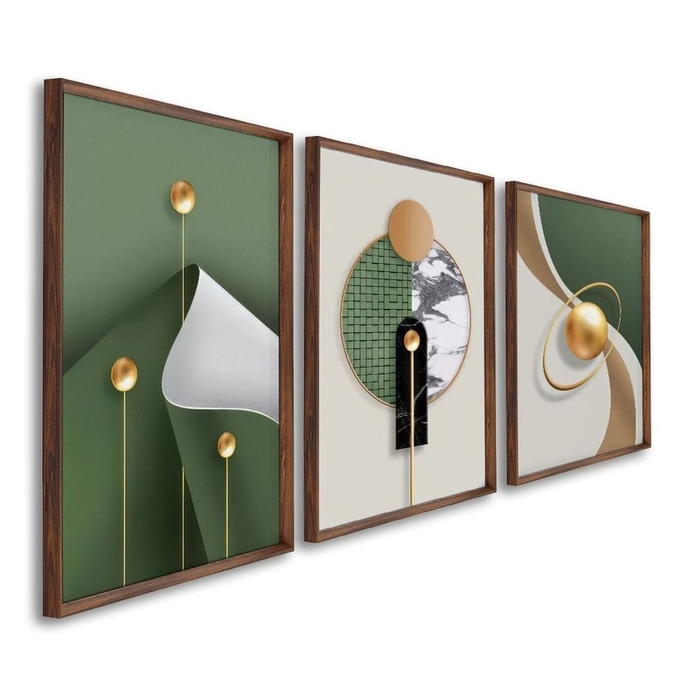 Quadro Decorativo Geométrico Formas Abstratas com 3 Telas de Parede para Sala Quarto Escritório 60cm Marrom