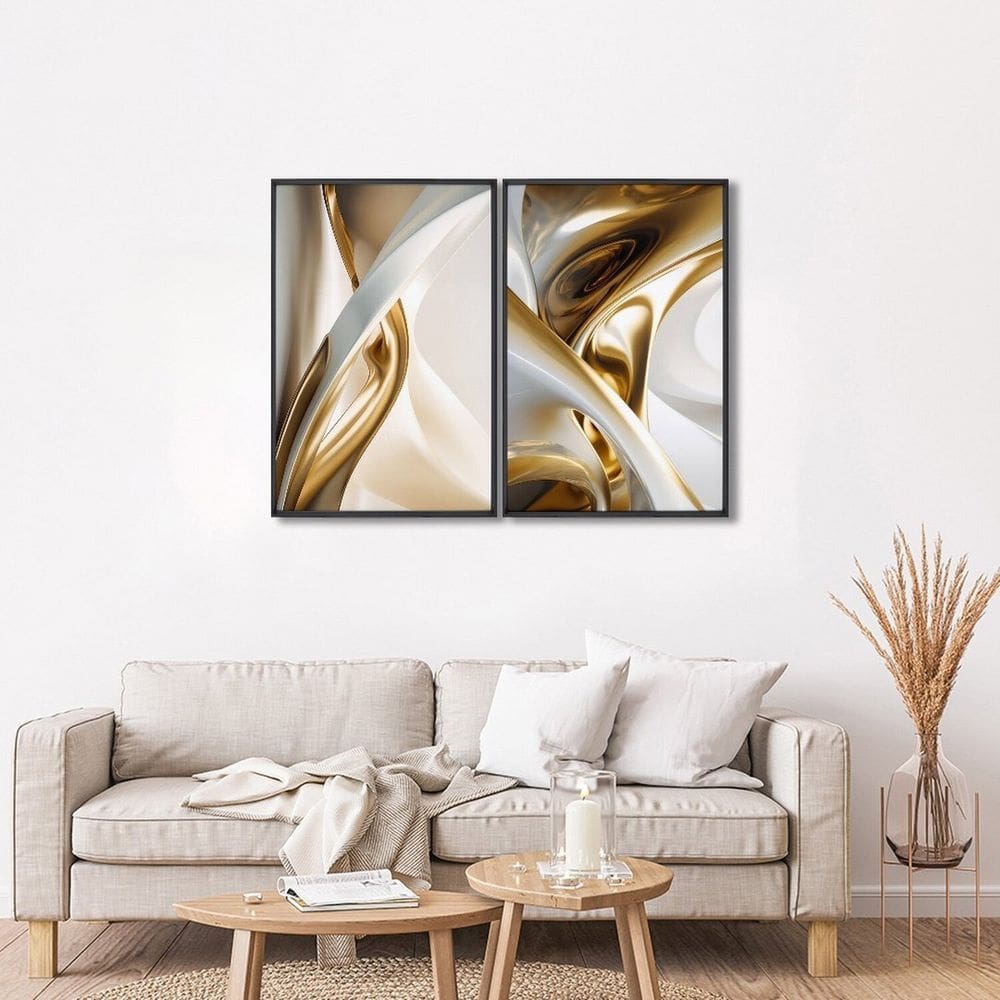 Quadro Decorativo Abstrato com 2 Telas de Parede para Sala Quarto Escritório 60cm X 90cm Branco
