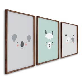 Quadro Infantil Decorativo Rostinhos do Bem Coala Panda Lhama com 3 Telas Cm de Parede para Quarto S Marrom