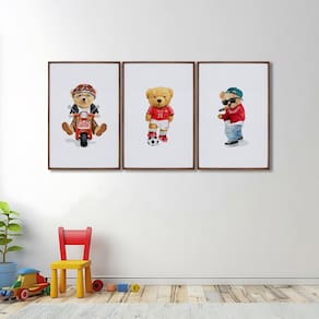 Quadro Decorativo Infantil Ursinhos Estilosos com 3 Telas de Parede para Quarto Sala Brinquedoteca 6 Marrom