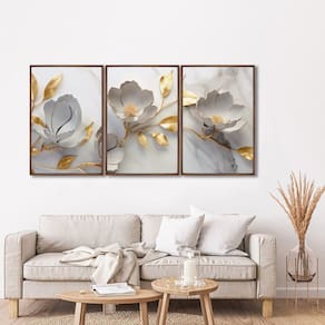 Quadro Decorativo Floral Delicado Branco e Dourado 3 Telas de Parede para Sala Quarto Escritório 60c Marrom