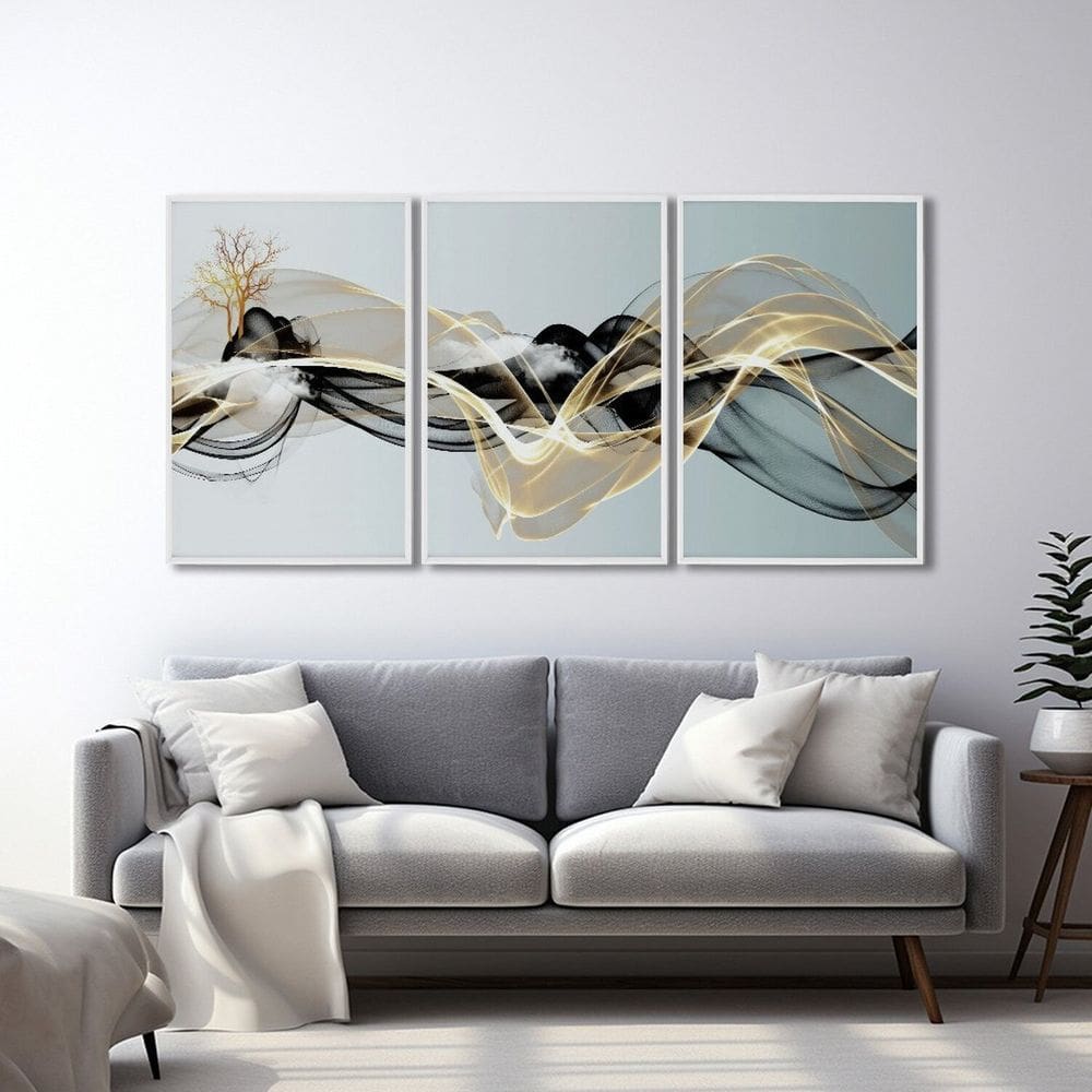 Quadro Decorativo Abstrato com 3 Telas de Parede para Sala Quarto Escritório 60cm X 90cm Branco