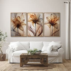 Quadro Decorativo Modelo Floral V com 3 Telas de Parede para Sala Quarto Escritório 60cm X 90cm Branco