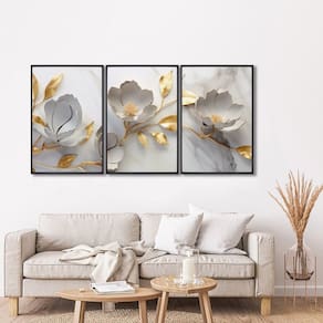 Quadro Decorativo Floral Delicado Branco e Dourado 3 Telas de Parede para Sala Quarto Escritório 60c Preto