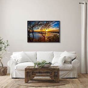 Quadro Decorativo Paisagem Lago com Árvores e Pôr do Sol com 1 Tela Cm ou Cm de Parede para Sala Qua Preto