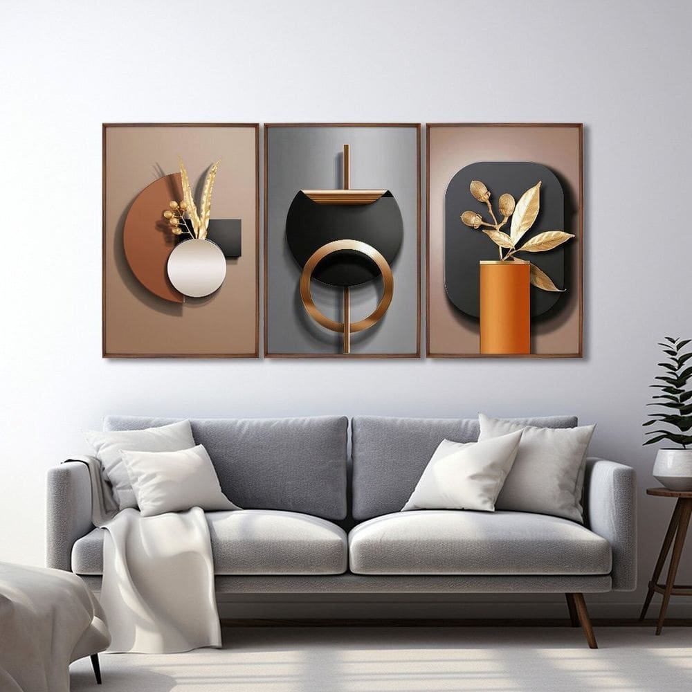 Quadro Decorativo Geométrico Abstrato Marrom com 3 Telas de Parede para Sala Quarto Escritório 60cm Marrom
