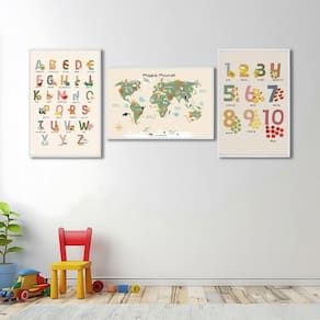 Quadro Decorativo Infantil Conjunto Didático Alfabeto e Mapa Mundi com 3 Telas de Parede para Quarto Branco