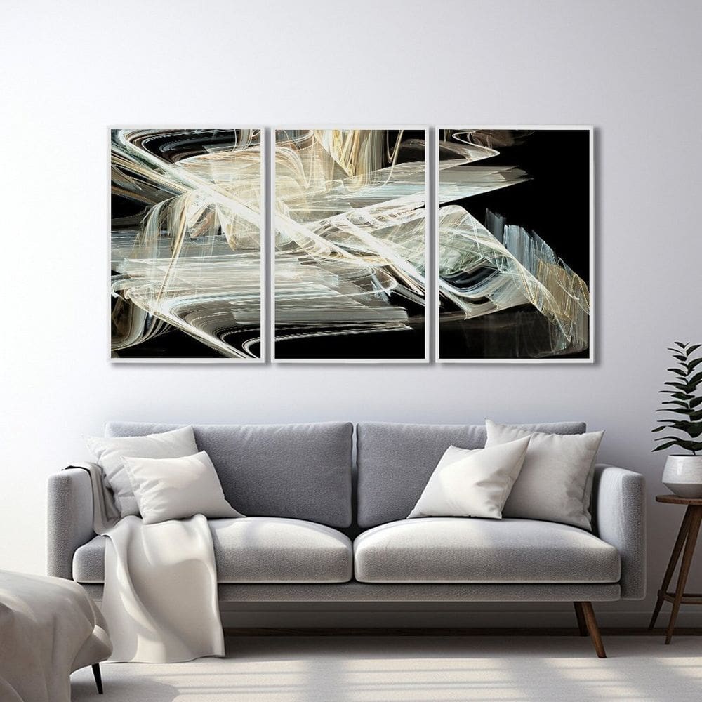 Quadro Decorativo Modelo Luzes em Movimento com 3 Telas para Quarto Banheiro Escritório 60cm X 90cm Branco