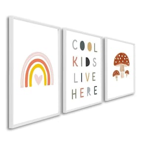 Quadro Decorativo Infantil Crianças Sol e Arco Íris com 3 Telas de Parede para Quarto Sala Brinquedo Branco