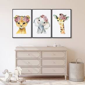 Quadro Decorativo Filhotes no Jardim Infantil com 3 Telas Cm de Parede para Quarto Sala Brinquedotec Preto