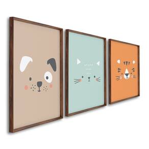 Quadro Infantil Decorativo Rostinhos do Bem Gato Cachorro Tigre com 3 Telas Cm de Parede para Quarto Marrom